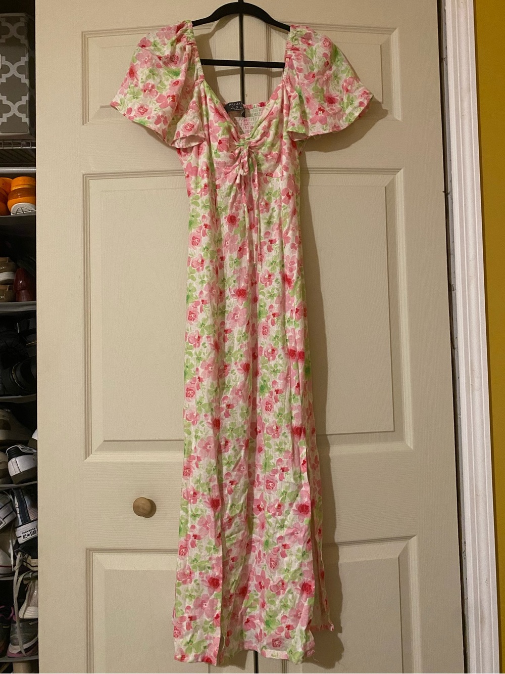 Primark Floral Puff Sleeve Midi Dress in Pink and White